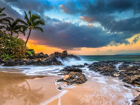 Secret Beach At Sunrise, islands, rock, Hawaii, bonito, sky, clouds, palm trees, HD wallpaper ...