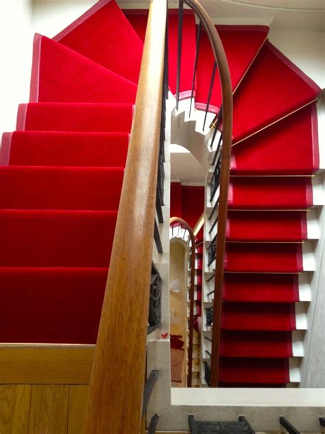 Red Velvet Stair Runner with leather edge #Stairrunner #Interiordecor #Stairs | Red carpet ...