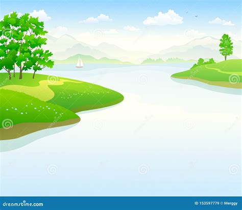 Summer Lake Landscape Cartoon Background Stock Vector - Illustration of ...