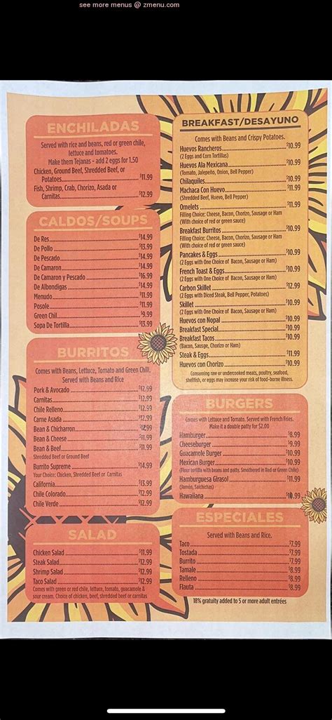 Menu at Los Girasoles Mexican Restaurant, Pueblo