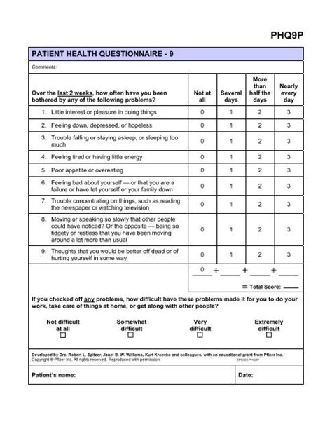 Phq 9 Patient Health Questionnaire Printable