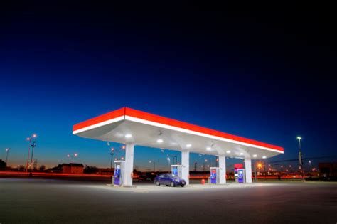 Gas Station Exterior Night Lights Stock Photo - Download Image Now - iStock