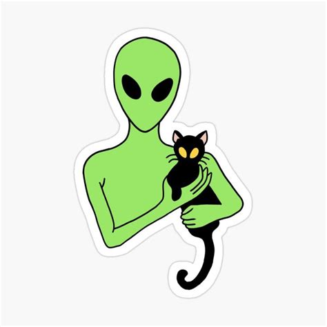 an alien holding a black cat sticker