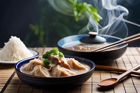 Premium AI Image | a bowl of chinese dumplings with chopsticks on a table.