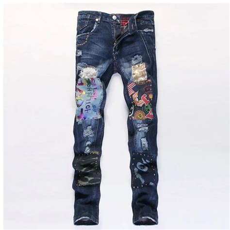 Fashion Denim Blue Jeans Rivet Patchwork Men Ripped Jeans Long Pants ...