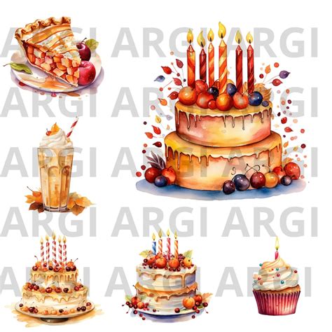 Watercolor Fall Birthday Party Cake Present Autumn Clipart Bundle, 35 ...