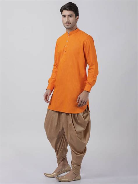 Orange Plain Blended Cotton Dhoti Kurta - VASTRAMAY - 3025927