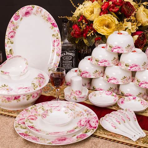 Pink Rose Dinnerware Sets of 56 Bone China Dinnerware Set Tableware Dishes Plates Set for ...