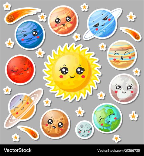 Cartoon cute planets stickers happy planet face Vector Image