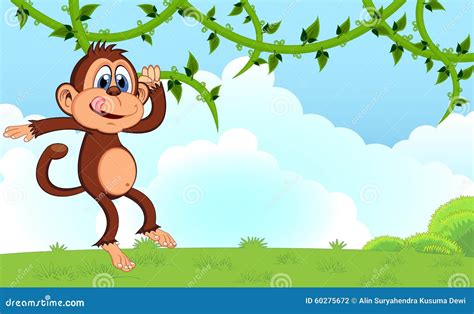 Monkey Swinging on Vines Cartoon in a Garden for Your Design Stock Vector - Illustration of ...