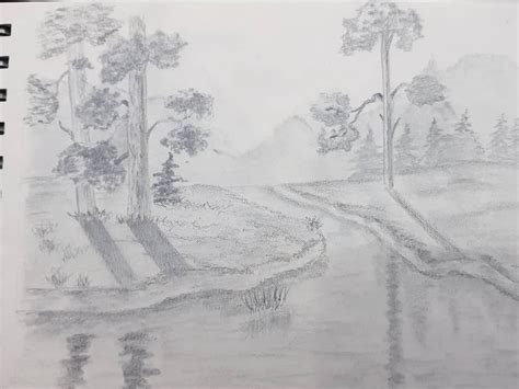 My first pencil drawings. #pencil #drawing #draw #landscape #trees #tree #river #water ...