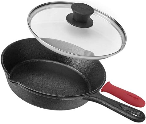 Pre-Seasoned Cast Iron Skillet (8-Inch) with Glass Lid and Handle Cover Oven Safe Cookware ...