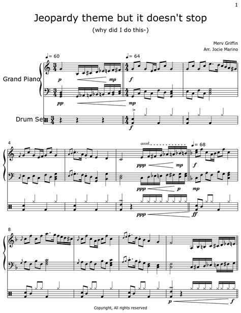 Jeopardy theme but it doesn't stop - Sheet music for Piano, Drum Set