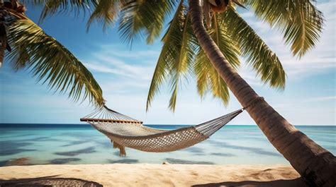 Premium AI Image | A hammock hangs between palm trees on a beach.