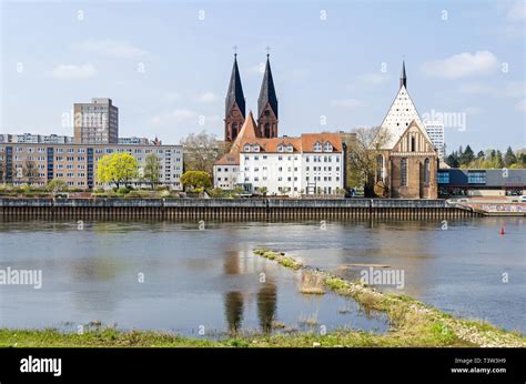 Frankfurt (Oder), Germany - April 9, 2019: Banks of the Oder River and northern river front with ...