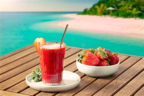 Vacation Scene with Strawberry Smoothie and Tropical Beach at Background Stock Photo - Image of ...