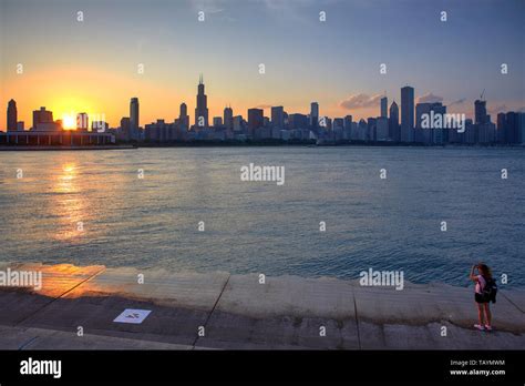 Chicago Skyline at sunset, Chicago, Illinois, United States Stock Photo ...