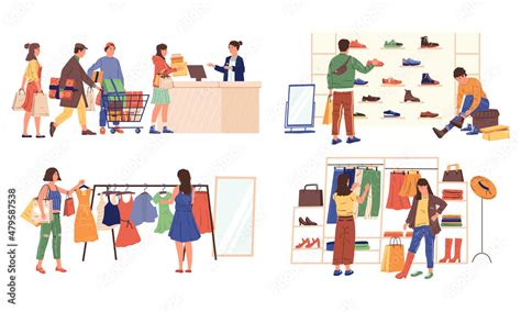 Characters shopping. People at retail store or supermarket with grocery ...