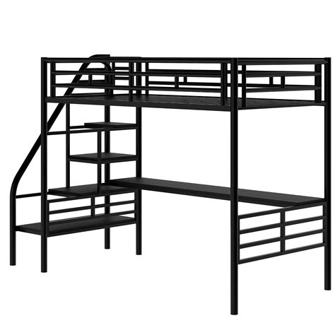 Metal Twin Loft Bed with Desk , Twin Size Loft Bed with Stairs and Workstation Desk for Kids ...