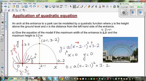 Application of quadratic equation to find the equation of arch shaped entrance of a park - YouTube