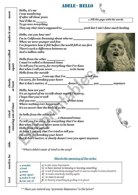 Adele - Hello song (Verb tenses practice) - ESL worksheet by sanasana