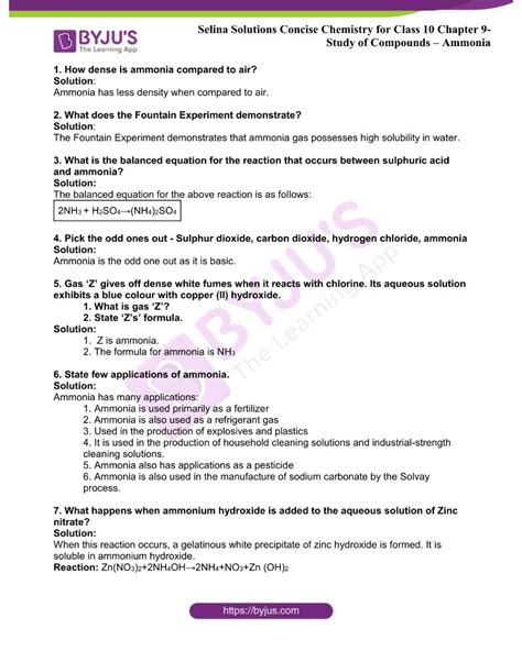 Selina Solutions Class 10 Concise Chemistry Chapter 9 Study of Compounds Ammonia -Download Free PDF