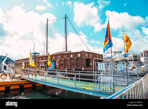 Tongyeong, Korea - August 4, 2015 : Tongyeong port sea and Yi Sun-sin turtle ship at summer day ...