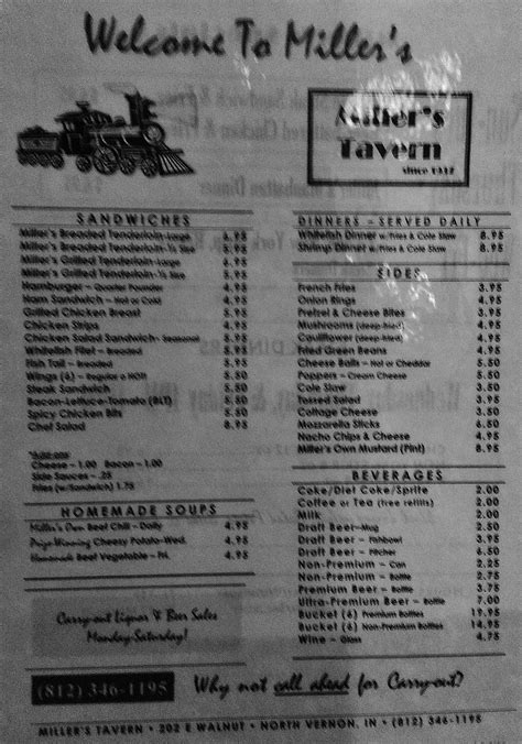 Menu at Miller's Tavern pub & bar, North Vernon