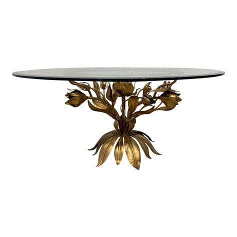 Italian Tole Gilt Floral Lotus Flower Coffee Table with Glass Top | Chairish | Glass top coffee ...