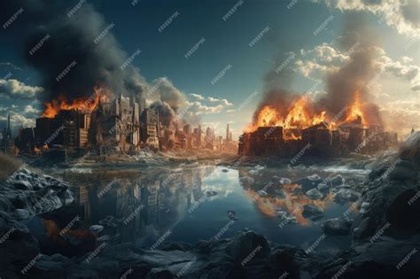 Premium AI Image | Fantasy landscape with a burning city and a river