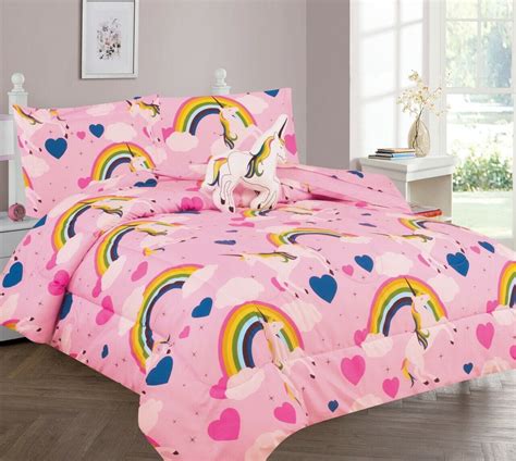 FULL UNICORN RAINBOW GIRLS BEDDING SET, Beautiful Microfiber Comforter With Furry Friend and ...