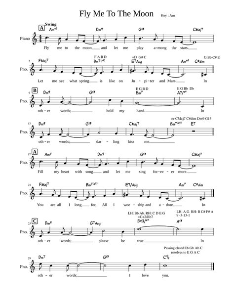 Fly Me To The Moon Lead Sheet with lyrics Sheet music for Piano (Solo ...