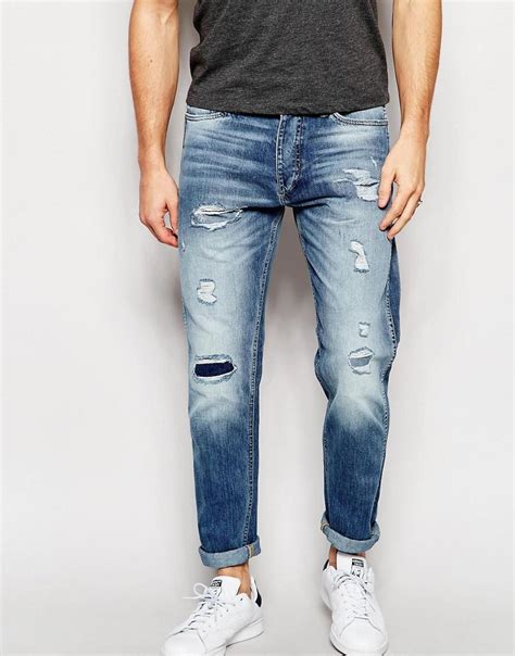 Lyst - Jack & Jones Light Wash Slim Fit Rip & Repair Jeans in Blue for Men