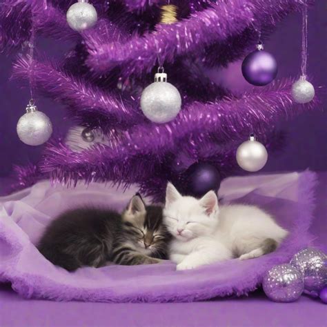 kittens sleeping under a purple christmas tree