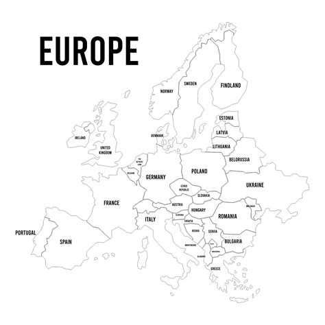 a map of europe with all the major cities and their names in black on a white background