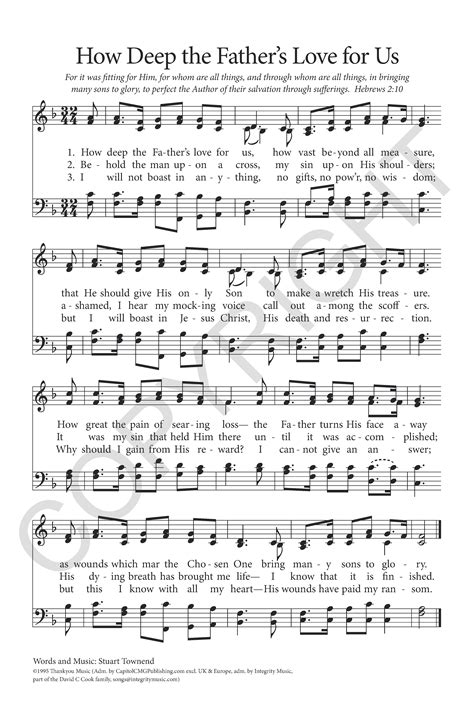 sheet music with the words how deep the father's love for us