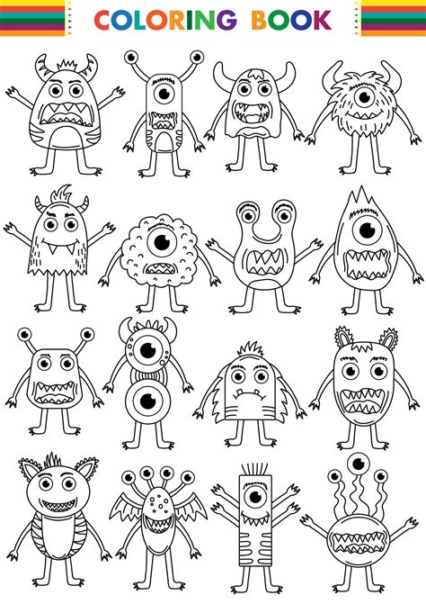 Vector set cute monsters. Funny line hand-drawn aliens for coloring ...