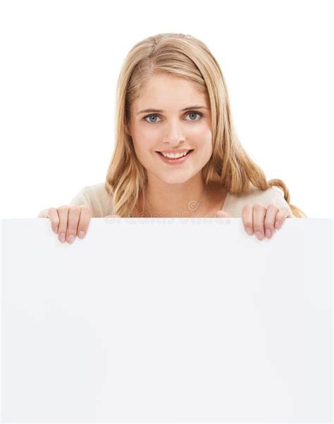 Happy, Woman and Portrait with Blank Poster, Sign or Banner in White Background and Mock Up ...