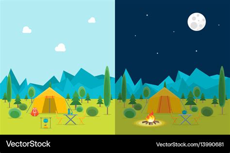 Cartoon camping day and night view Royalty Free Vector Image