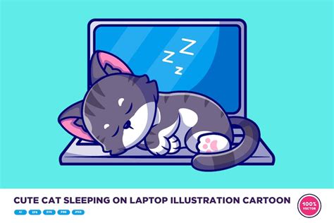 Cute Cat Sleeping On Laptop Illustration Cartoon, Illustrations ft. cat & laptop - Envato Elements