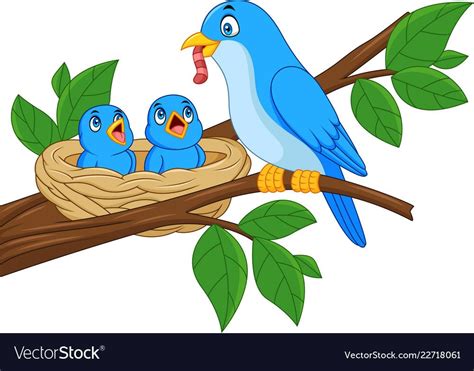 illustration of Mother blue bird feeding babies in a nest. Download a ...