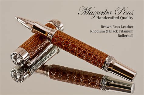 Brown Faux Leather Rollerball Pen Rhodium/Black Titanium
