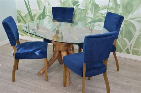 4 Seater Teak Root Dining Set | 1.4m Oval Teak Root Dining Table with 4 Royal Blue Lucca Velvet ...
