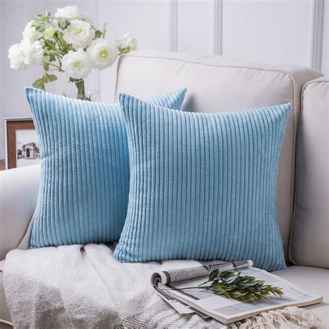 Soft Corduroy Striped Velvet Series Decorative Throw Pillow, 18" x 18", Light Blue, 2 Pack ...