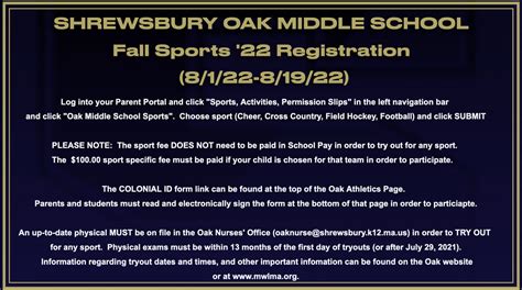 Oak Middle School Fall Sports '22 Registration | August 1 - 20, 2022 | Oak Middle School