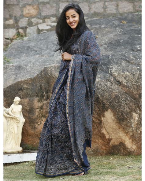 Indigo chanderi cotton sari by Desi Doree | The Secret Label