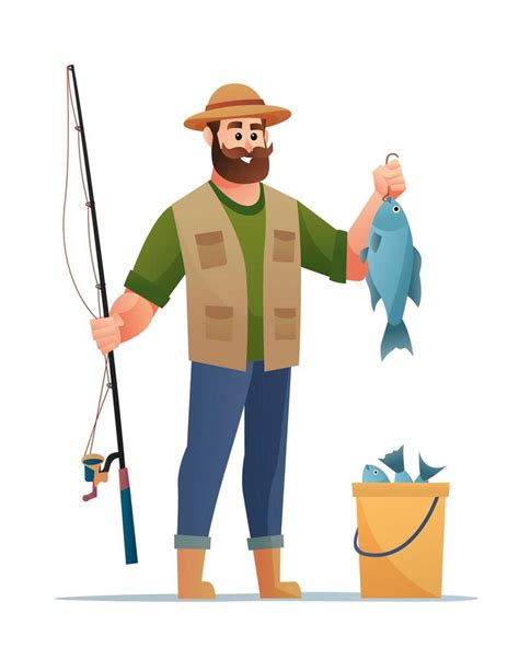 Fisherman with fish catch cartoon character 6461881 Vector Art at Vecteezy