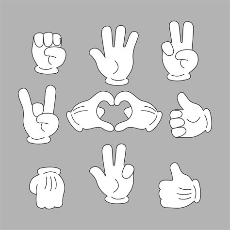 Set of hands with gloves in retro style. Cartoon hands with different gestures in white gloves ...