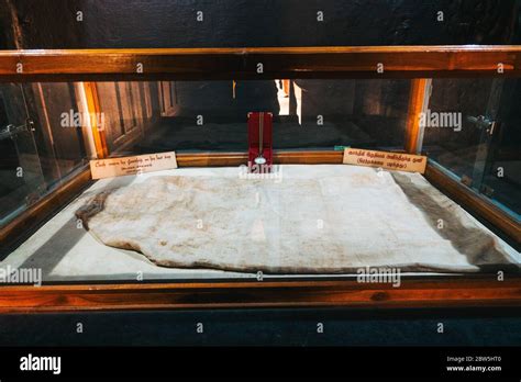 A blood stained cloth purportedly worn by Mahatma Gandhi on the day of his assassination, on ...