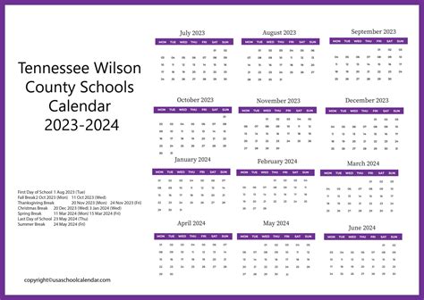 Tennessee Wilson County Schools Calendar 2023-2024